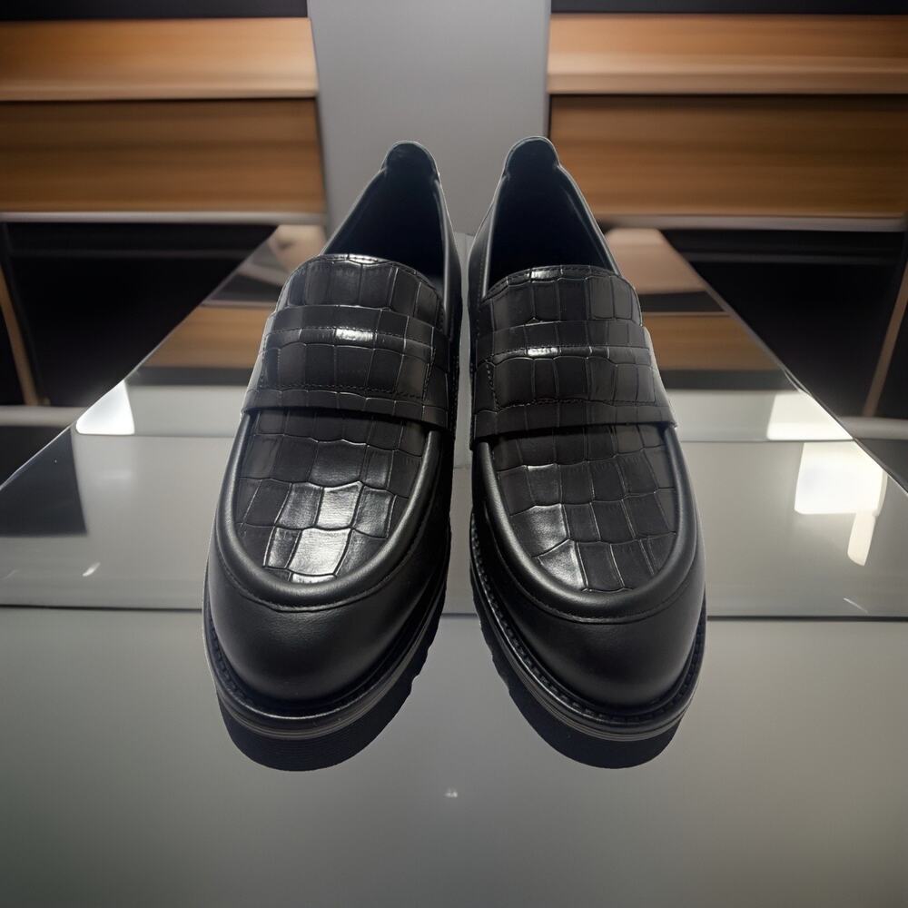 M. GEMI Black Leather Croc Embossed Slip On Loafer Flats Womens US 8